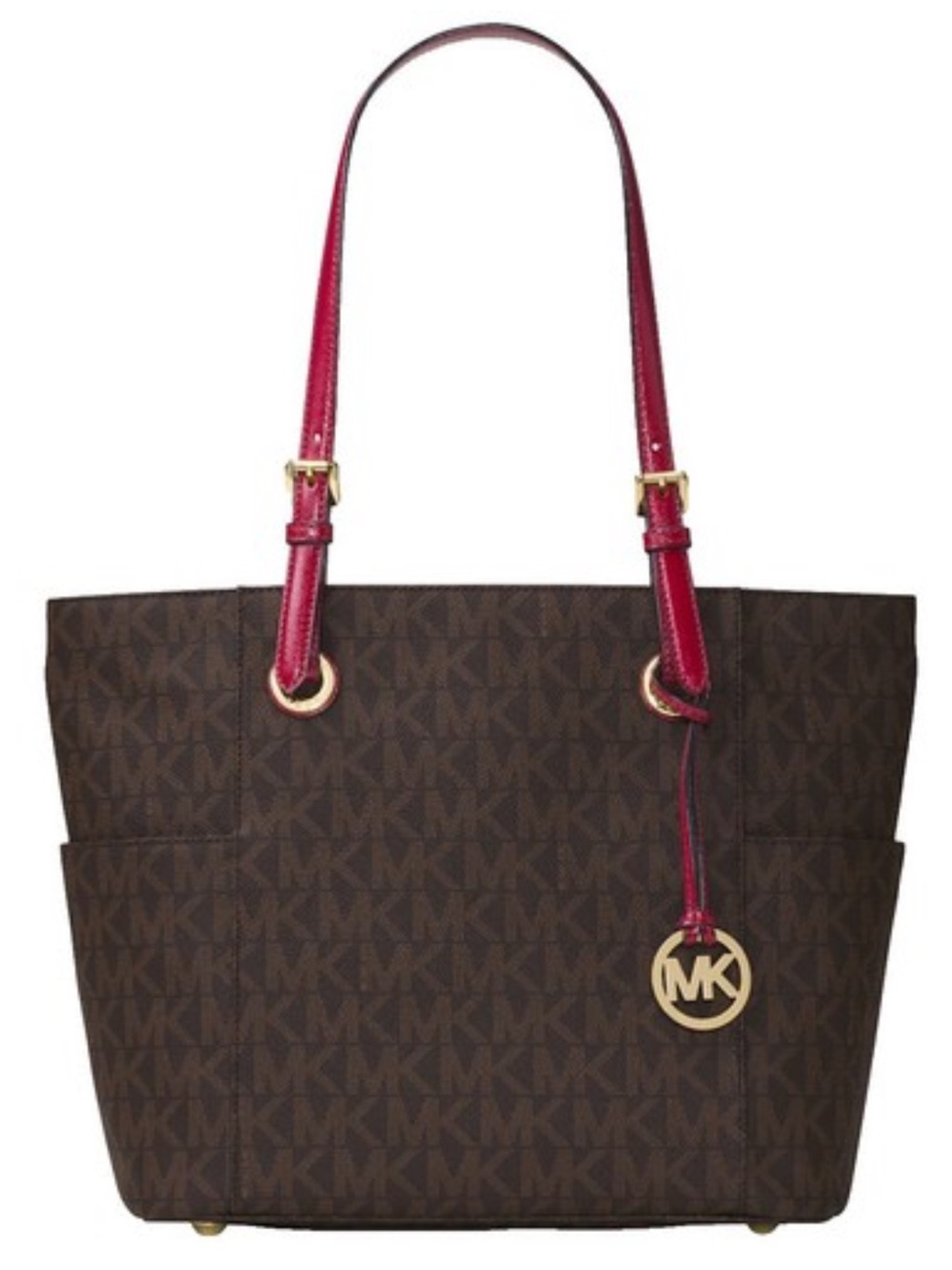 Michael Kors Brown Logo Tote with Red-Pink Handles